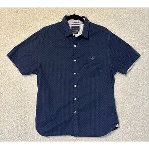 Denim & Flower Ricky Singh Men's L Shirt Navy Blue White Pin Dot Slim Fit Cotton
